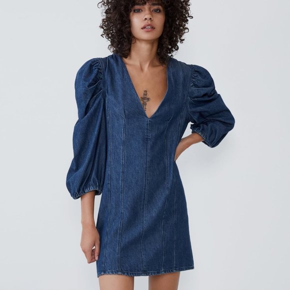 Zara Denim Dress With Puffed Sleeves 